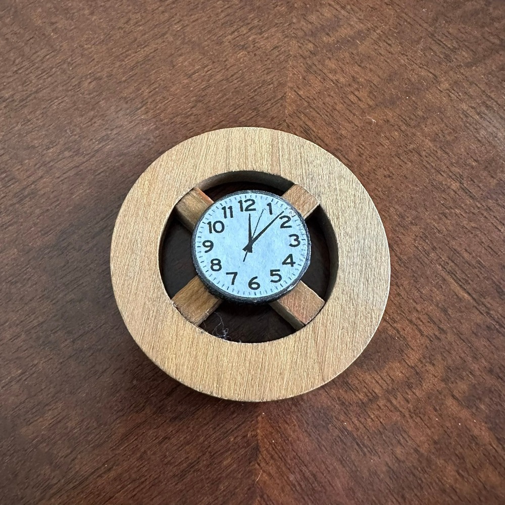 Vintage Miniature Wooden Clock Face Decorative Round Folk Art Wall Decor 2.25"